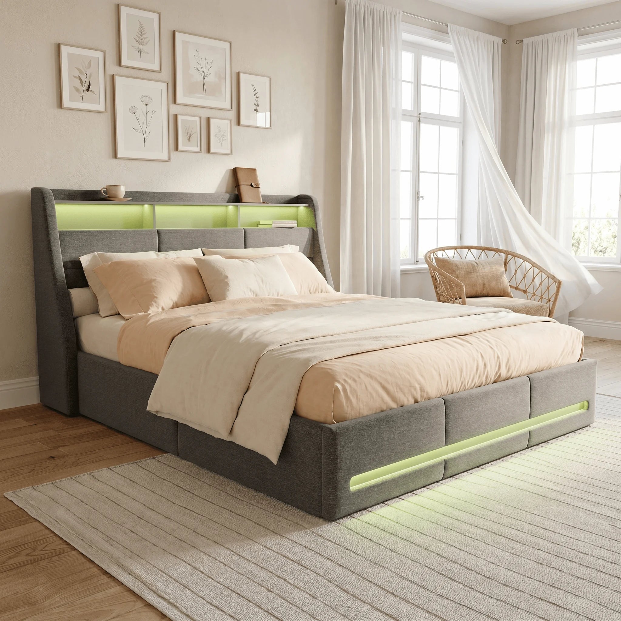 Storage Bed 140/160x200 with slatted base, Upholstered Bed with LED Lighting, Double Bed with Storage, Padded Double Bed with Hydraulic Storage, Beds for Adults with Storage