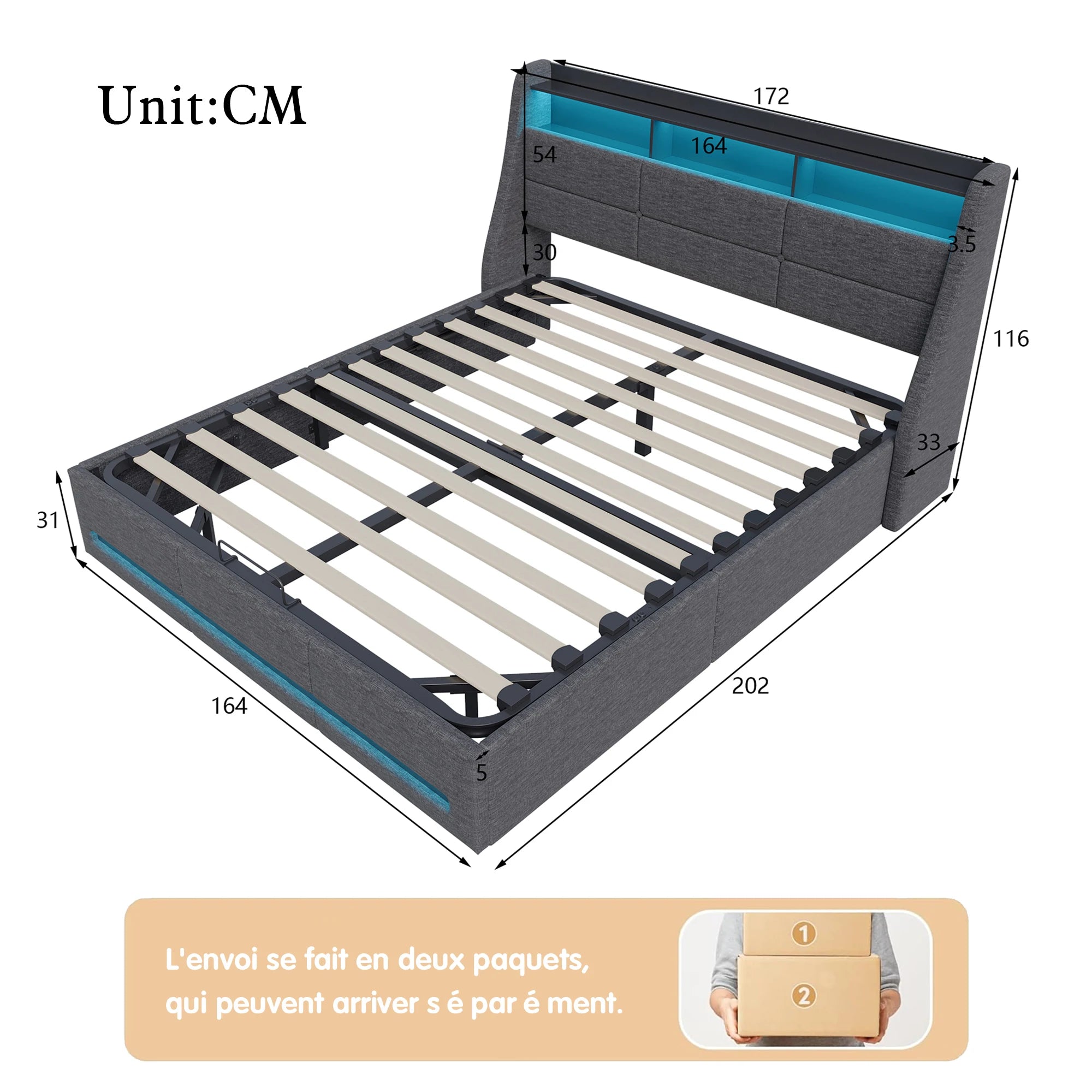 Storage Bed 140/160x200 with slatted base, Upholstered Bed with LED Lighting, Double Bed with Storage, Padded Double Bed with Hydraulic Storage, Beds for Adults with Storage