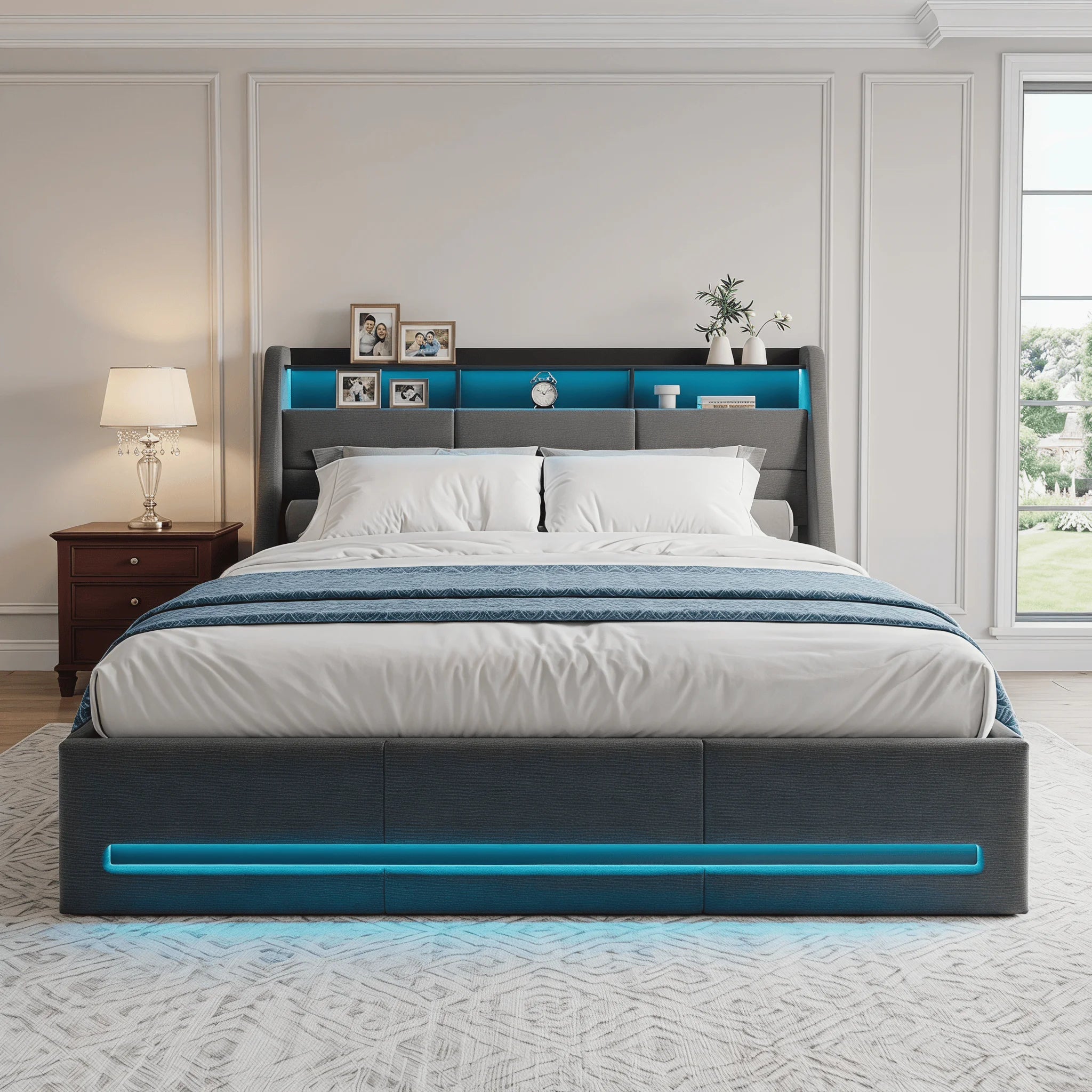 Storage Bed 140/160x200 with slatted base, Upholstered Bed with LED Lighting, Double Bed with Storage, Padded Double Bed with Hydraulic Storage, Beds for Adults with Storage