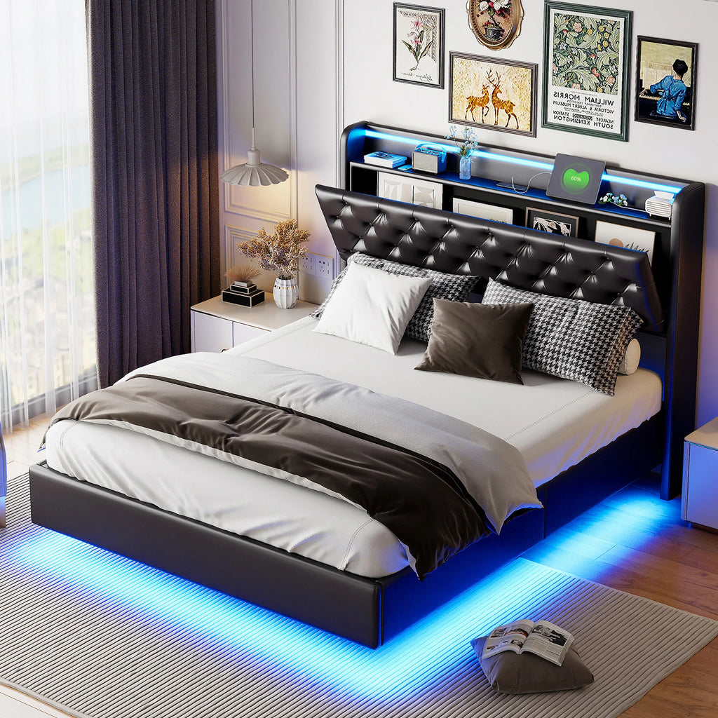 Floating Bed 160x200 cm Upholstered Bed Frame with Storage Box, Double Bed with LED Lights and Charging Station, Hydraulic Lift Storage Bed with Slats, Headboard Storage Shelves, PU Leather Black Platform Bed No Mattre