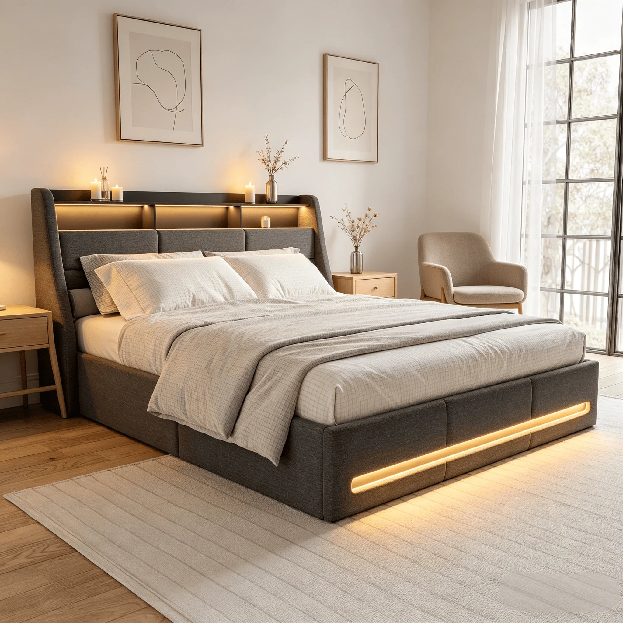 Storage Bed 140/160x200 with slatted base, Upholstered Bed with LED Lighting, Double Bed with Storage, Padded Double Bed with Hydraulic Storage, Beds for Adults with Storage