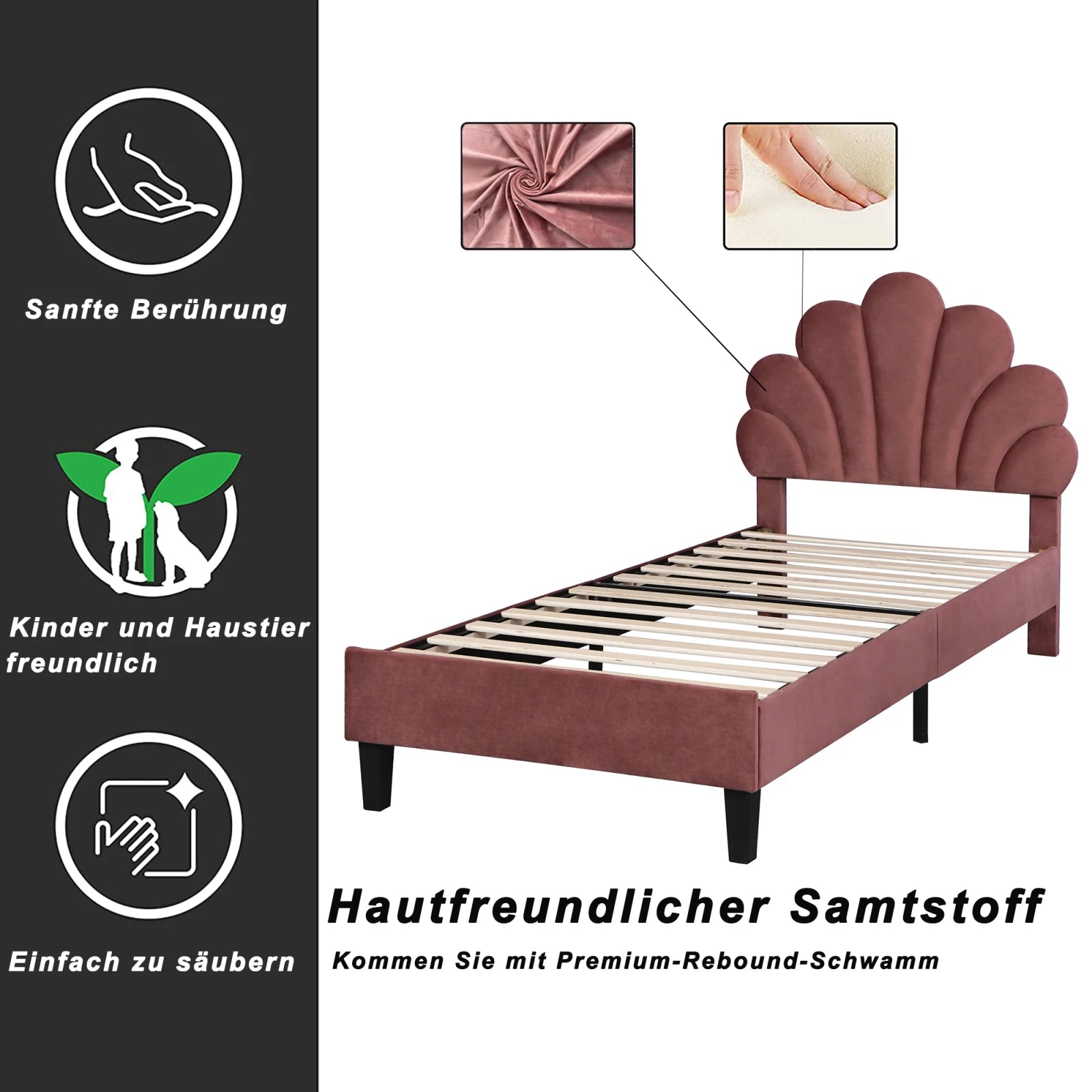 Children's Bed 90x200, Princess Bed, Bed Frame with Floral Headboard and Slatted Base, Velvet Upholstered Bed for Children and Teenagers