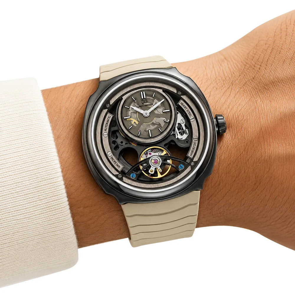 Daniel Gorman Men Automatic Mechanical Watch 5ATM Waterproof Skeleton Hollow Dial Silicone Strap Sports Wristwatch