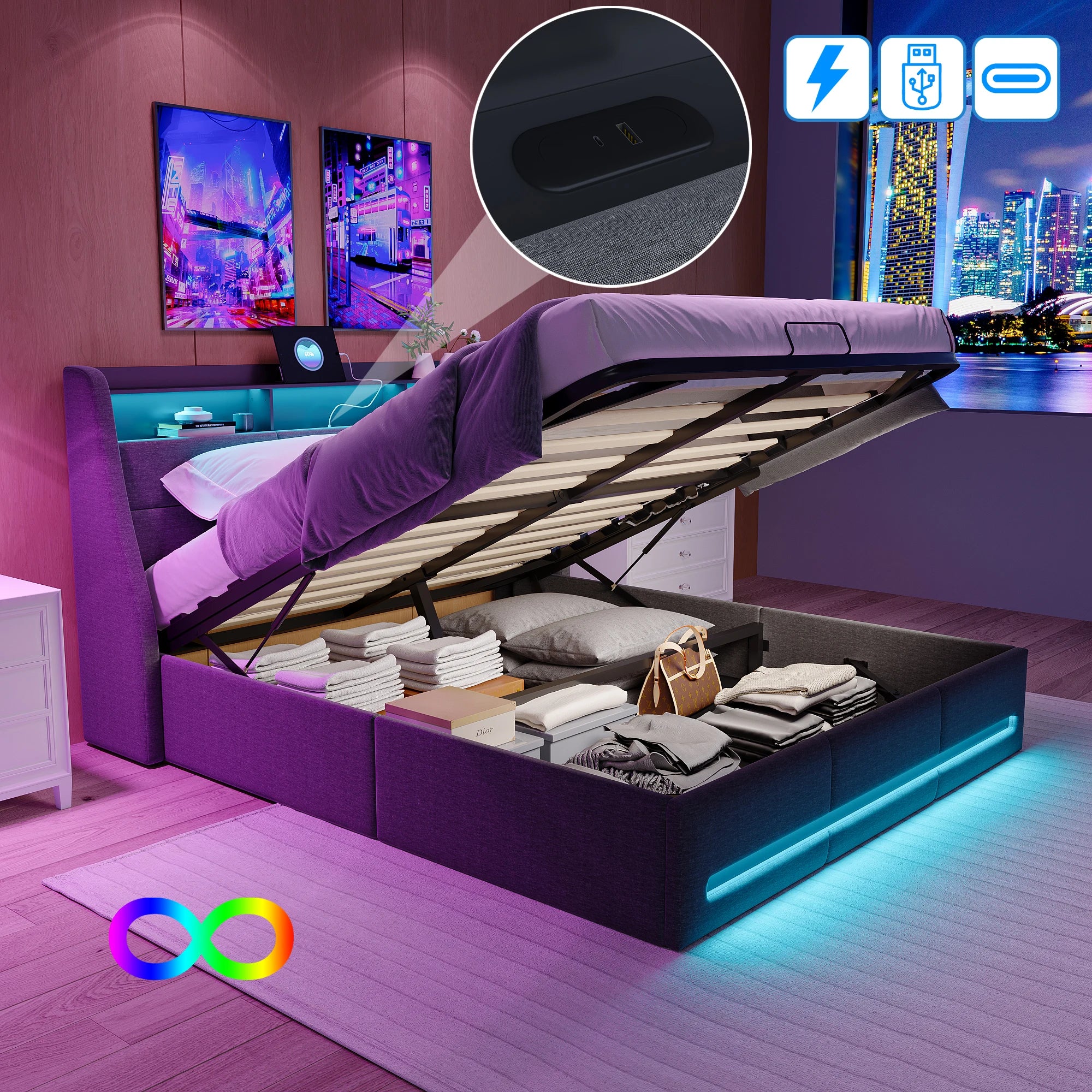 Storage Bed 140/160x200 with slatted base, Upholstered Bed with LED Lighting, Double Bed with Storage, Padded Double Bed with Hydraulic Storage, Beds for Adults with Storage