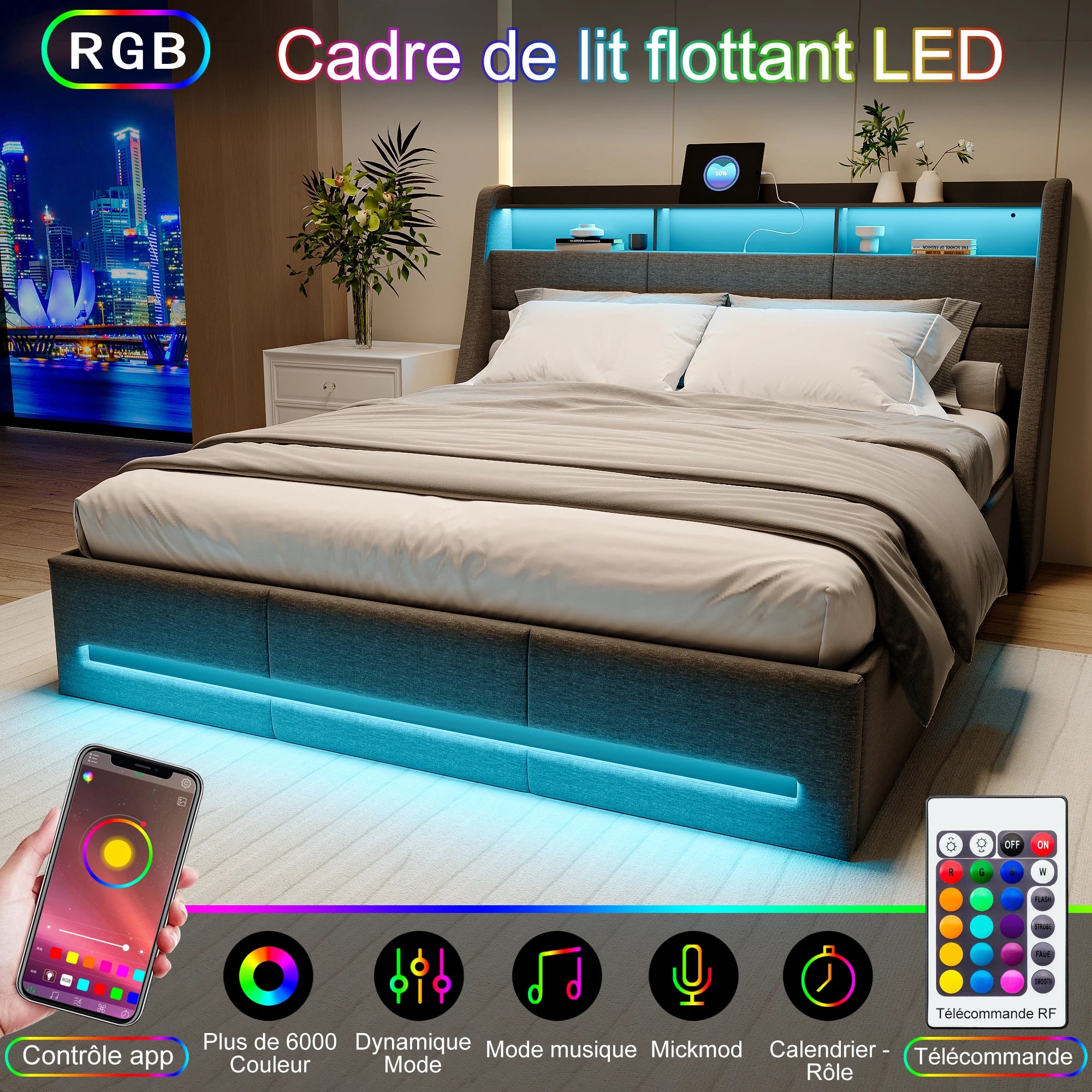 Storage Bed 140/160x200 with slatted base, Upholstered Bed with LED Lighting, Double Bed with Storage, Padded Double Bed with Hydraulic Storage, Beds for Adults with Storage