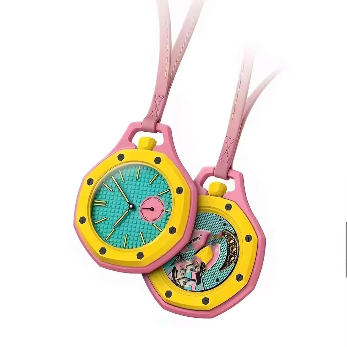 Octagonal Candy Color Pocket Watch Pendant, Unisex Quartz Watch with Leather Lanyard, Casual Fashion Gift for Men & Women