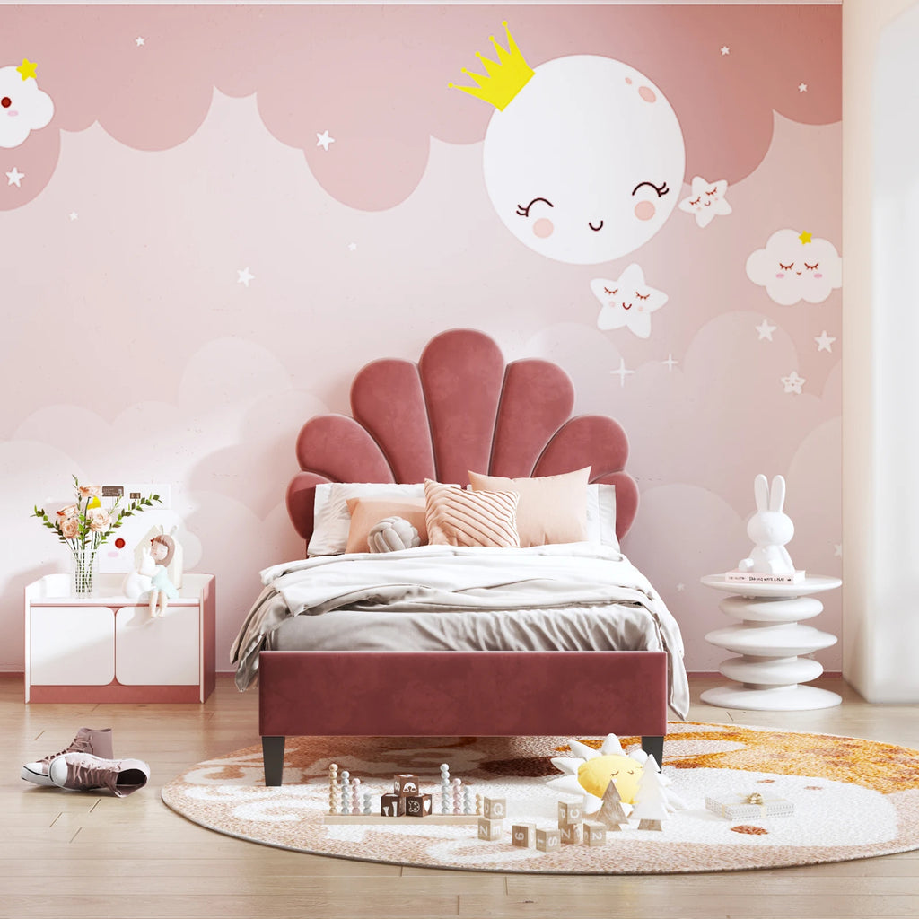 Children's Bed 90x200, Princess Bed, Bed Frame with Floral Headboard and Slatted Base, Velvet Upholstered Bed for Children and Teenagers