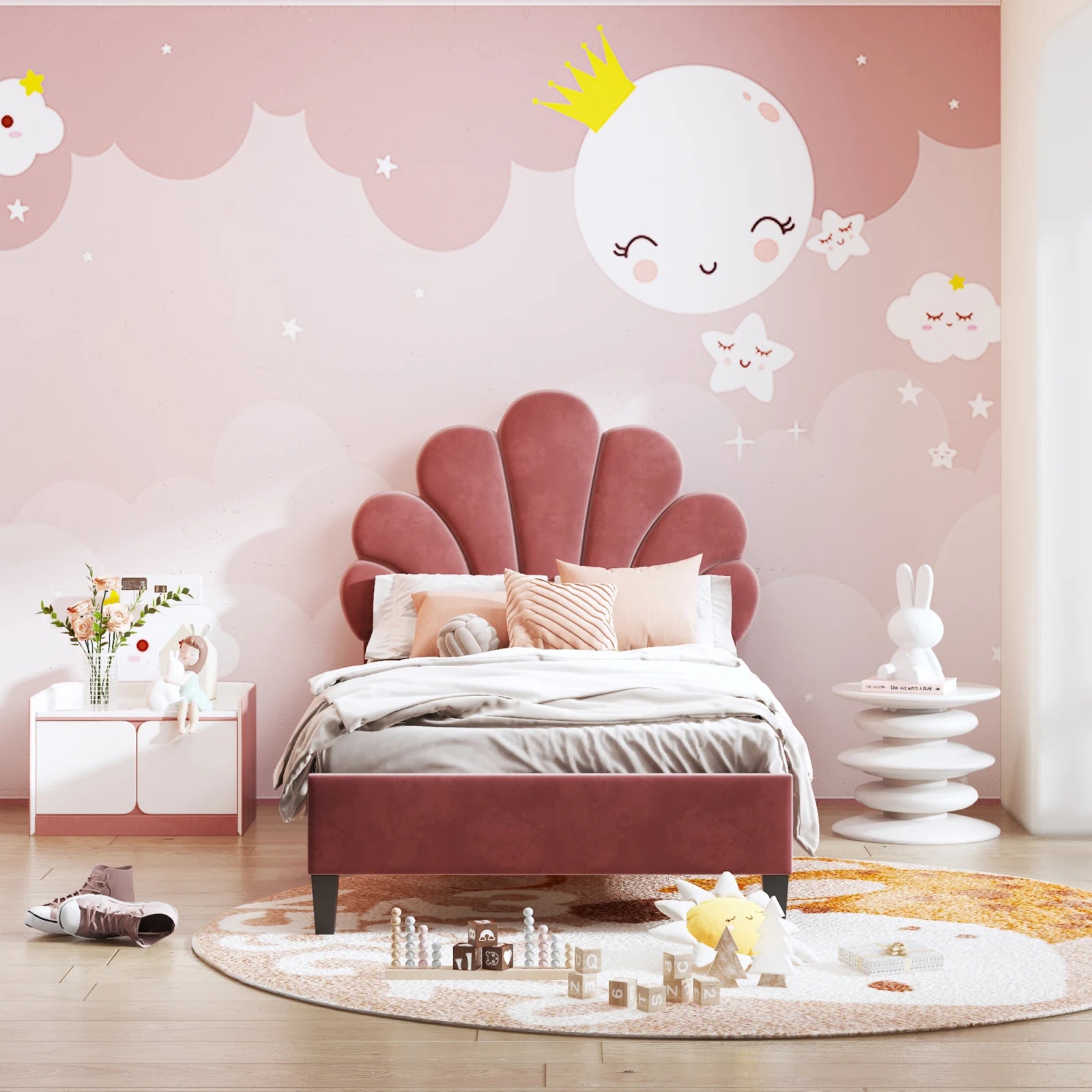 Children's Bed 90x200, Princess Bed, Bed Frame with Floral Headboard and Slatted Base, Velvet Upholstered Bed for Children and Teenagers