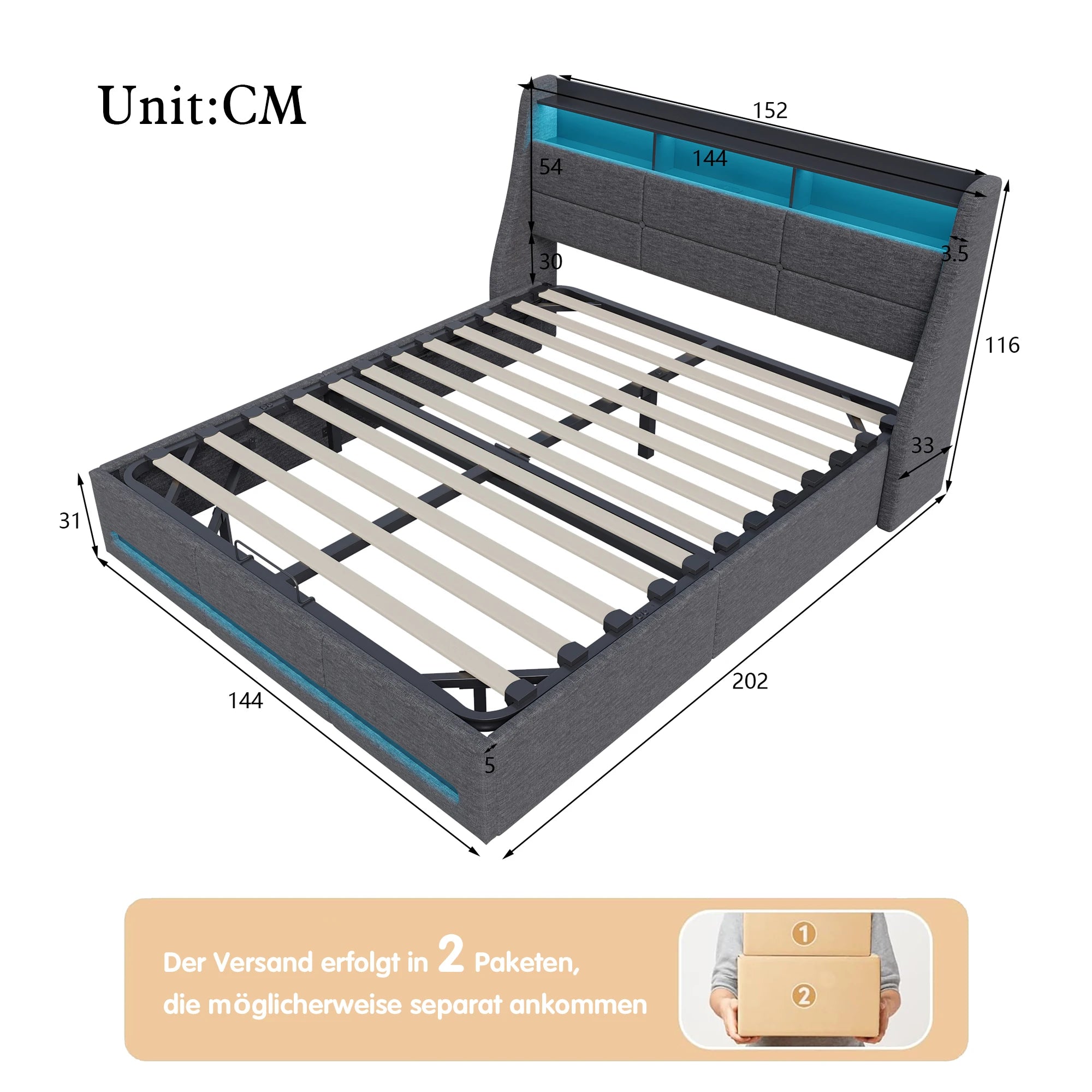 Storage Bed 140/160x200 with slatted base, Upholstered Bed with LED Lighting, Double Bed with Storage, Padded Double Bed with Hydraulic Storage, Beds for Adults with Storage