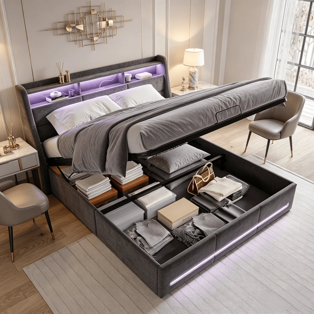 Storage Bed 140/160x200 with slatted base, Upholstered Bed with LED Lighting, Double Bed with Storage, Padded Double Bed with Hydraulic Storage, Beds for Adults with Storage