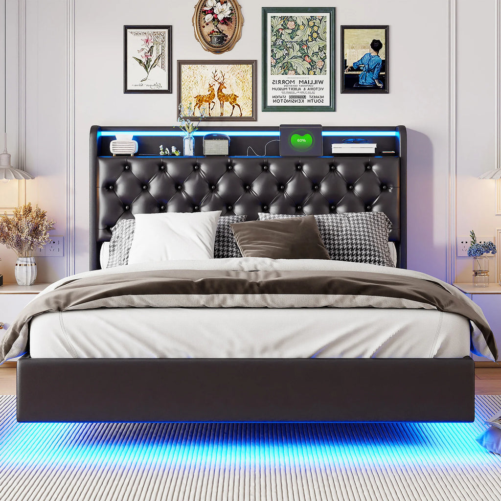 Floating Bed 160x200 cm Upholstered Bed Frame with Storage Box, Double Bed with LED Lights and Charging Station, Hydraulic Lift Storage Bed with Slats, Headboard Storage Shelves, PU Leather Black Platform Bed No Mattre