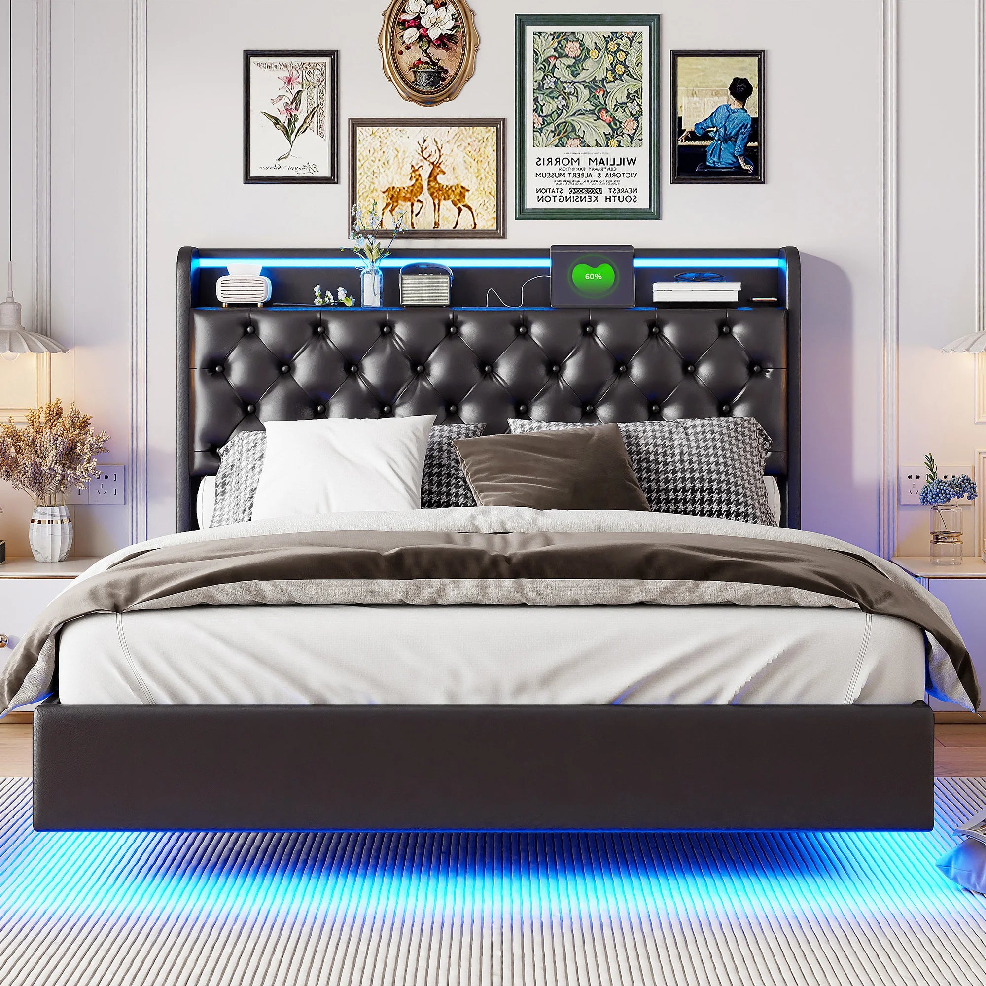 Floating Bed 160x200 cm Upholstered Bed Frame with Storage Box, Double Bed with LED Lights and Charging Station, Hydraulic Lift Storage Bed with Slats, Headboard Storage Shelves, PU Leather Black Platform Bed No Mattre