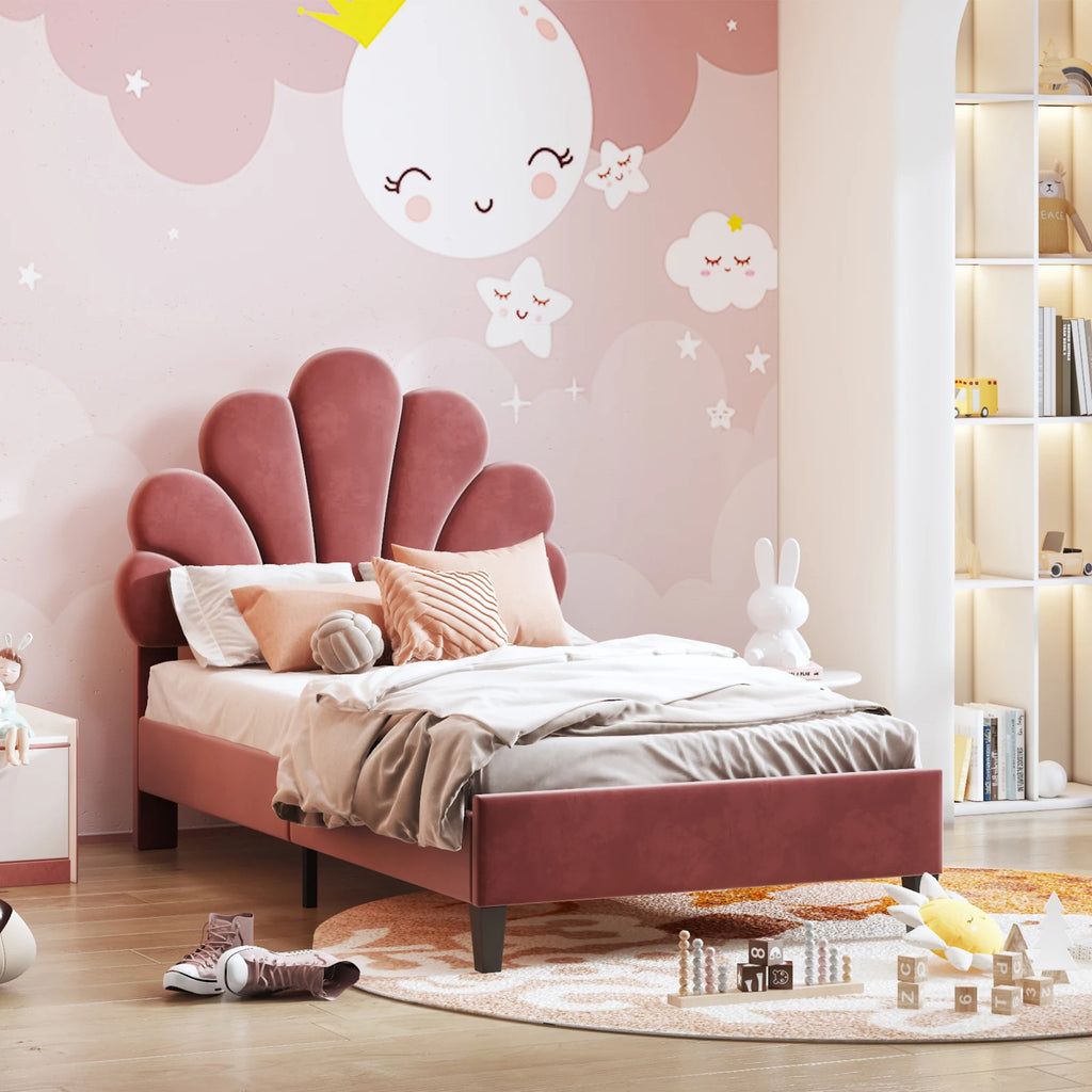 Children's Bed 90x200, Princess Bed, Bed Frame with Floral Headboard and Slatted Base, Velvet Upholstered Bed for Children and Teenagers