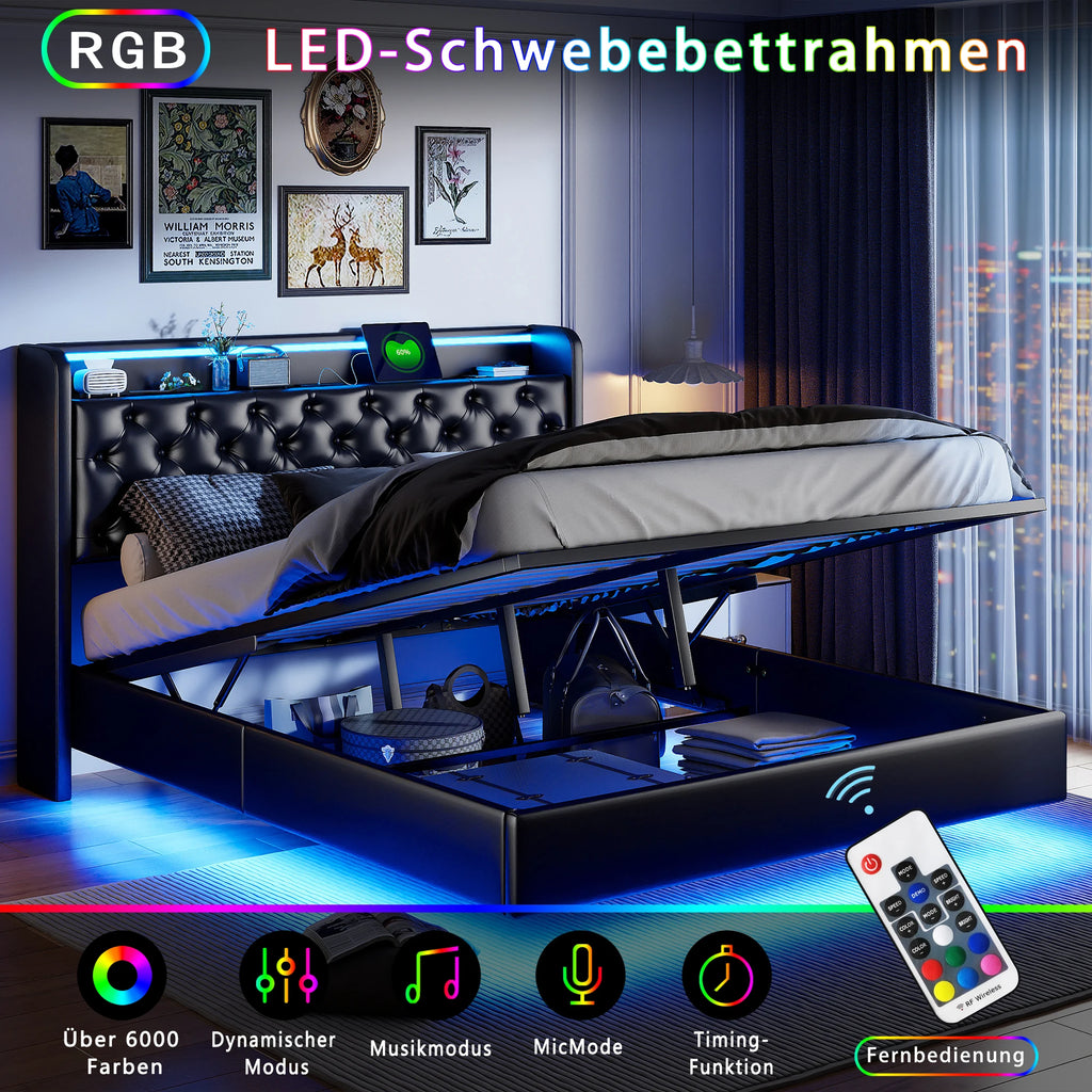 Floating Bed 160x200 cm Upholstered Bed Frame with Storage Box, Double Bed with LED Lights and Charging Station, Hydraulic Lift Storage Bed with Slats, Headboard Storage Shelves, PU Leather Black Platform Bed No Mattre
