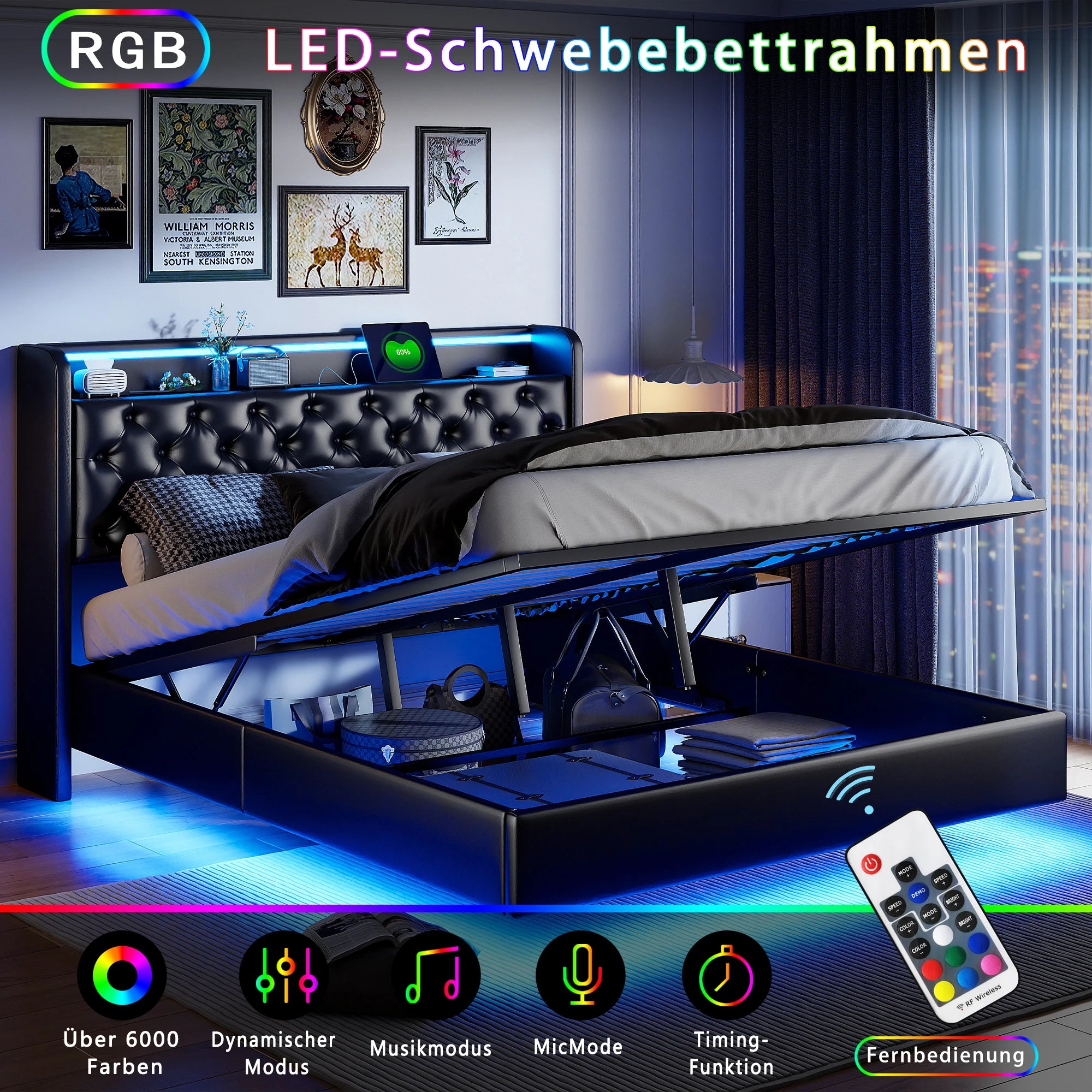 Floating Bed 160x200 cm Upholstered Bed Frame with Storage Box, Double Bed with LED Lights and Charging Station, Hydraulic Lift Storage Bed with Slats, Headboard Storage Shelves, PU Leather Black Platform Bed No Mattre