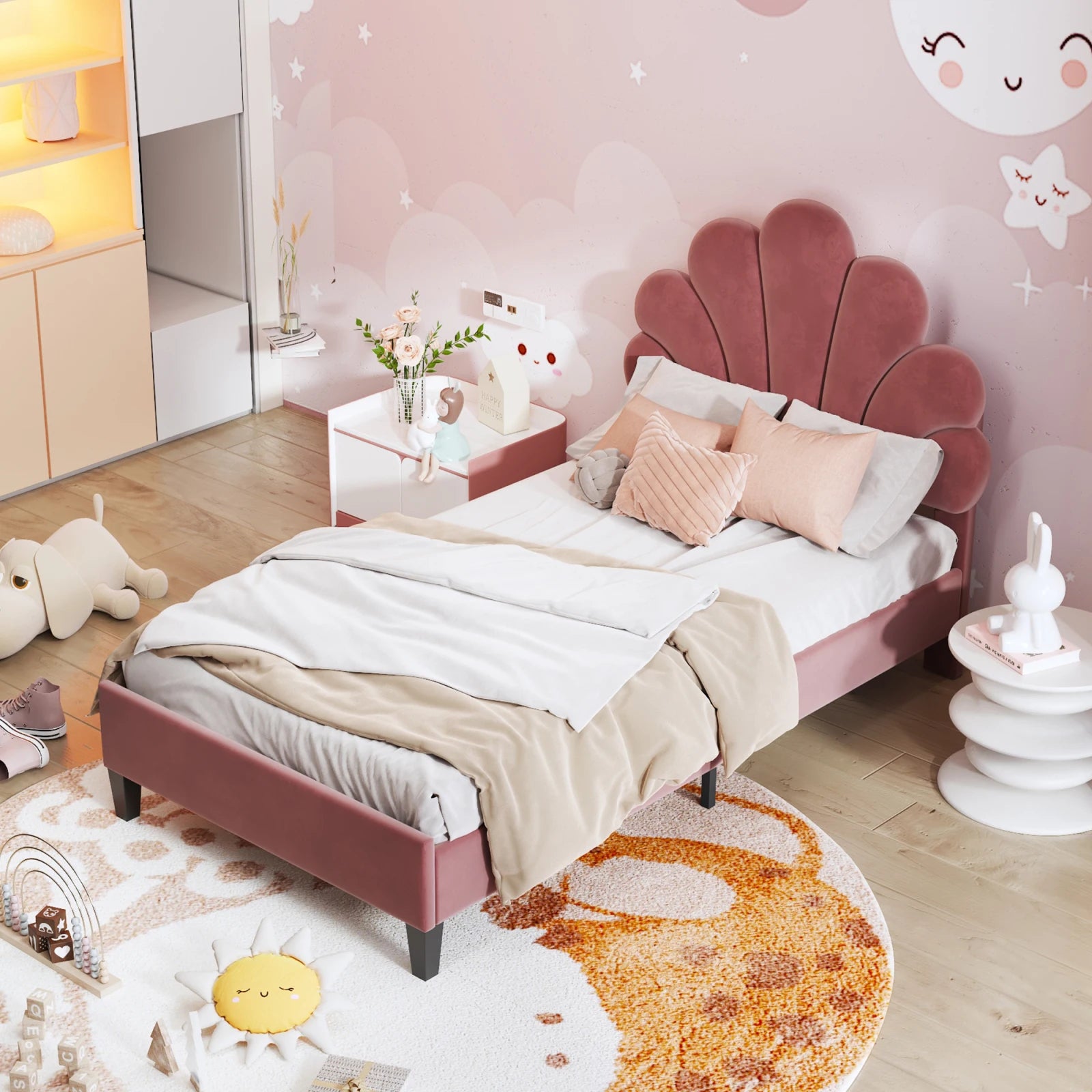 Children's Bed 90x200, Princess Bed, Bed Frame with Floral Headboard and Slatted Base, Velvet Upholstered Bed for Children and Teenagers