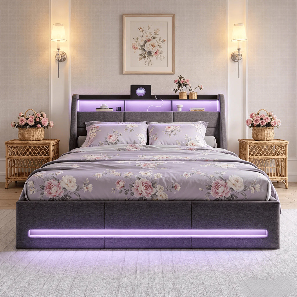 Storage Bed 140/160x200 with slatted base, Upholstered Bed with LED Lighting, Double Bed with Storage, Padded Double Bed with Hydraulic Storage, Beds for Adults with Storage