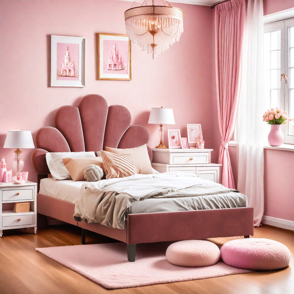 Children's Bed 90x200, Princess Bed, Bed Frame with Floral Headboard and Slatted Base, Velvet Upholstered Bed for Children and Teenagers