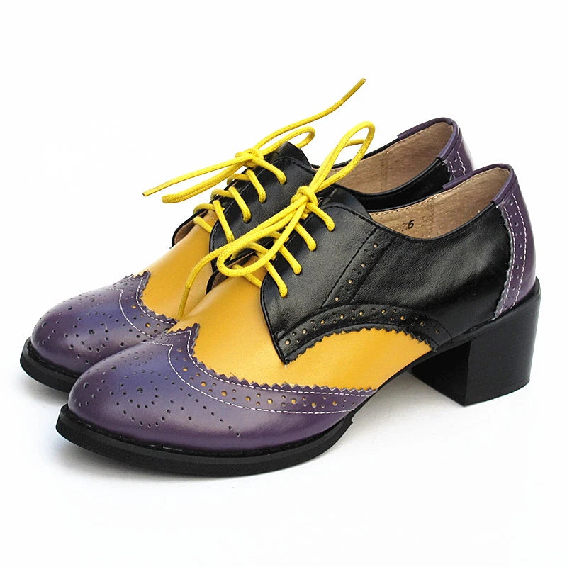 Oxford Pumps Shoes Women Vintage Calfskin Leather Patchwork 5cm Lady Thick Heels Retro Vintage Round Toe Shoes For Women Shoes