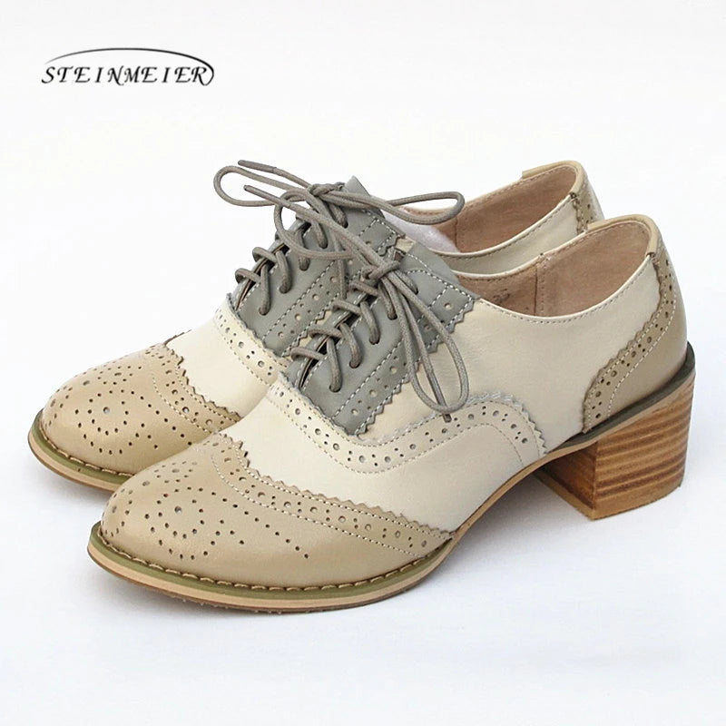 Oxford Pumps Shoes Women Vintage Calfskin Leather Patchwork 5cm Lady Thick Heels Retro Vintage Round Toe Shoes For Women Shoes
