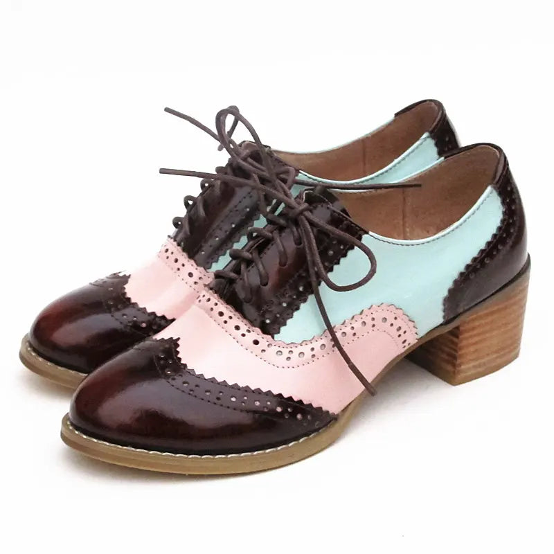 Oxford Pumps Shoes Women Vintage Calfskin Leather Patchwork 5cm Lady Thick Heels Retro Vintage Round Toe Shoes For Women Shoes