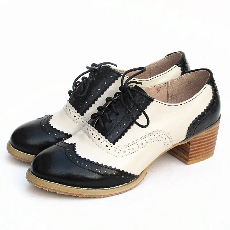 Oxford Pumps Shoes Women Vintage Calfskin Leather Patchwork 5cm Lady Thick Heels Retro Vintage Round Toe Shoes For Women Shoes