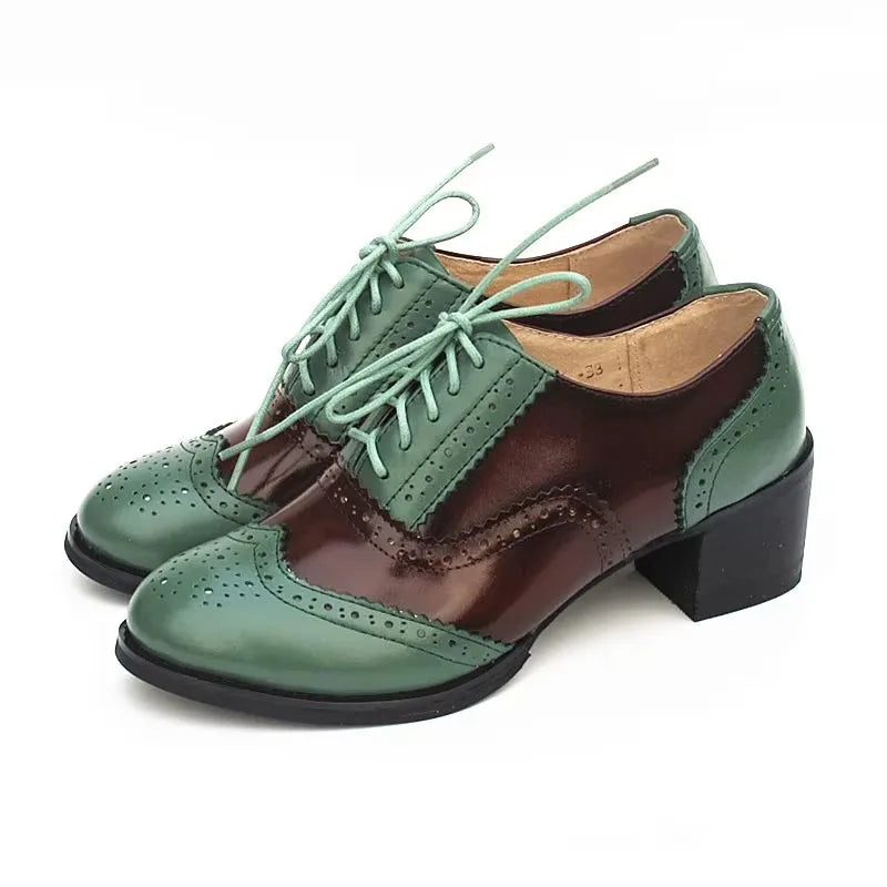 Oxford Pumps Shoes Women Vintage Calfskin Leather Patchwork 5cm Lady Thick Heels Retro Vintage Round Toe Shoes For Women Shoes