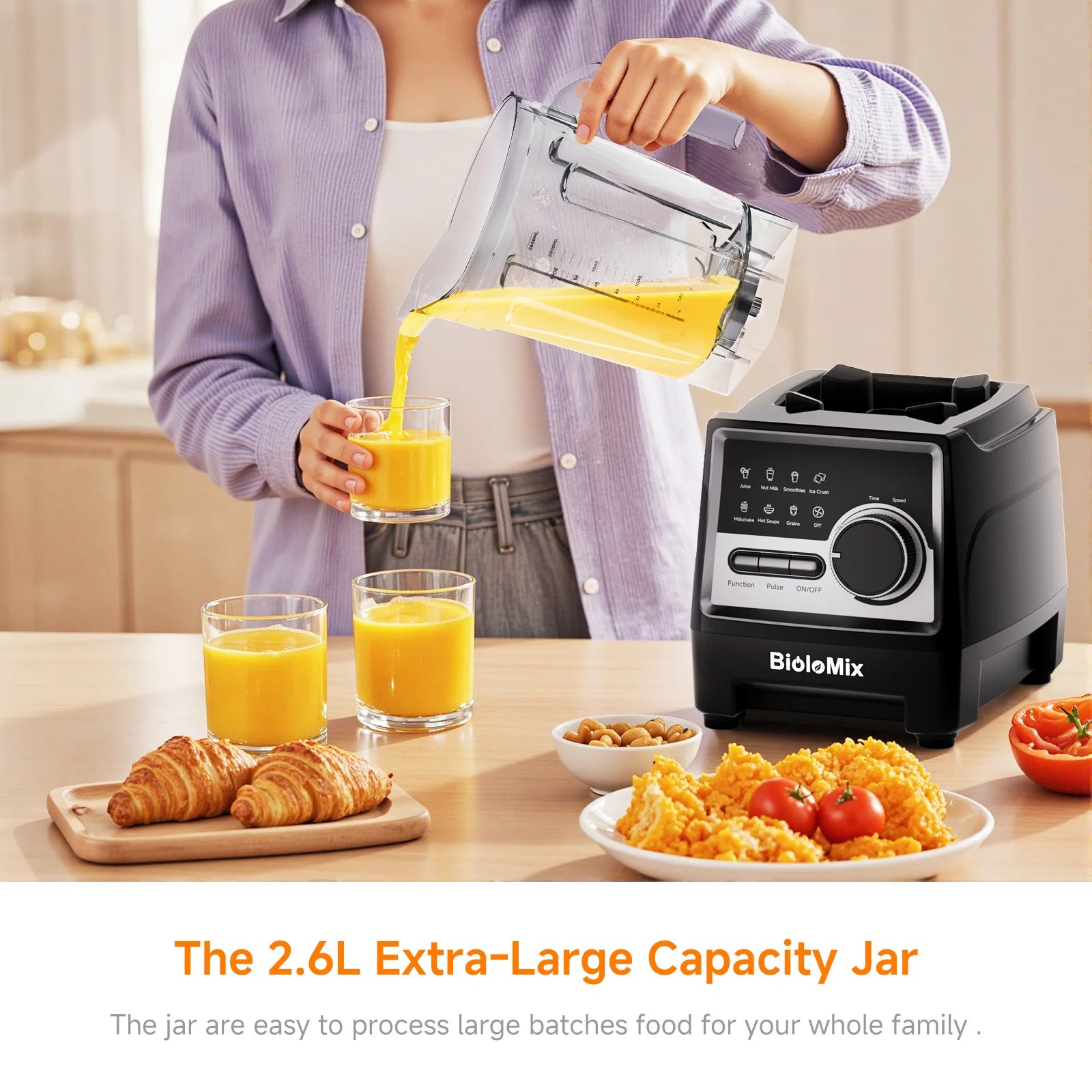 BioloMix 1500W Professional Blender With 2.6L BPA Free Jar With 6 Blades, 7 Preset Program for Smoothies, Shakes, Nut Milk
