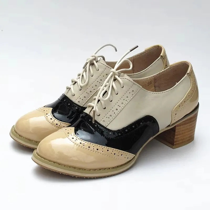 Oxford Pumps Shoes Women Vintage Calfskin Leather Patchwork 5cm Lady Thick Heels Retro Vintage Round Toe Shoes For Women Shoes
