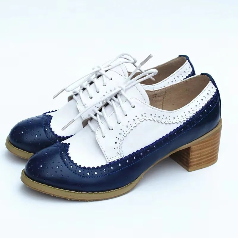 Oxford Pumps Shoes Women Vintage Calfskin Leather Patchwork 5cm Lady Thick Heels Retro Vintage Round Toe Shoes For Women Shoes