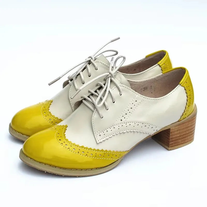 Oxford Pumps Shoes Women Vintage Calfskin Leather Patchwork 5cm Lady Thick Heels Retro Vintage Round Toe Shoes For Women Shoes