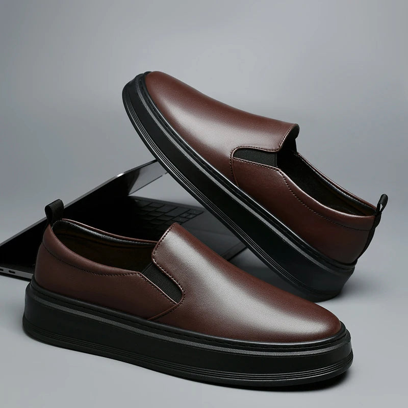 Genuine Leather Loafers for Men Stylish Casual Dress Shoes with Thick Height Increasing Sole Slip-On Breathable Business Shoes