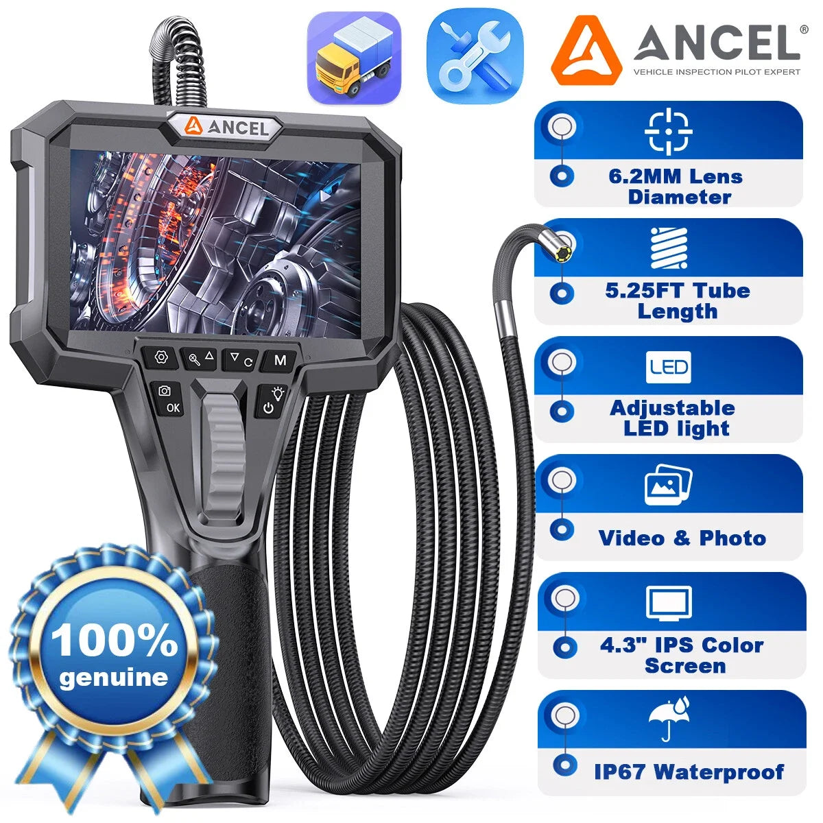 2-Way 210° 1080P 6LED Endoscope Inspection Snake Camera 210° 6.2mm Articulating Borescope  Industrial Endoscope Camera