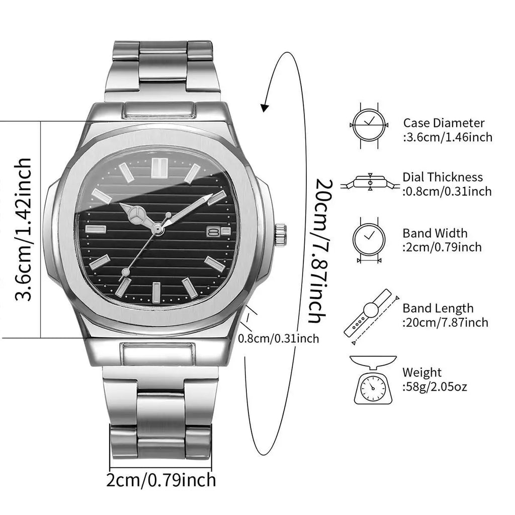 Luxury Men Business Watches Fashion Square Dial Stainless Steel Strap Quartz Watch with Calendar For Mens Clock（Without Box）