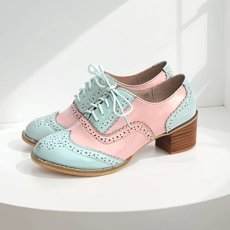 Oxford Pumps Shoes Women Vintage Calfskin Leather Patchwork 5cm Lady Thick Heels Retro Vintage Round Toe Shoes For Women Shoes