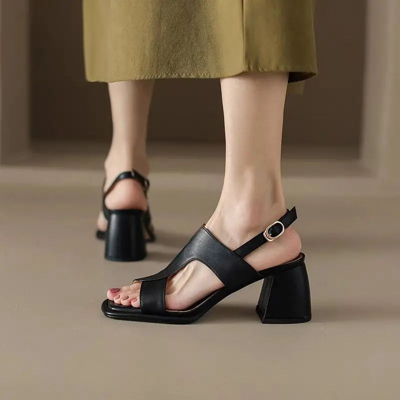 Women High Heels Sandals,Soft Summer Gladiator Shoes,Square Open Toe,Retro Style,Slip On,Black,Brown,35-39.Dropship