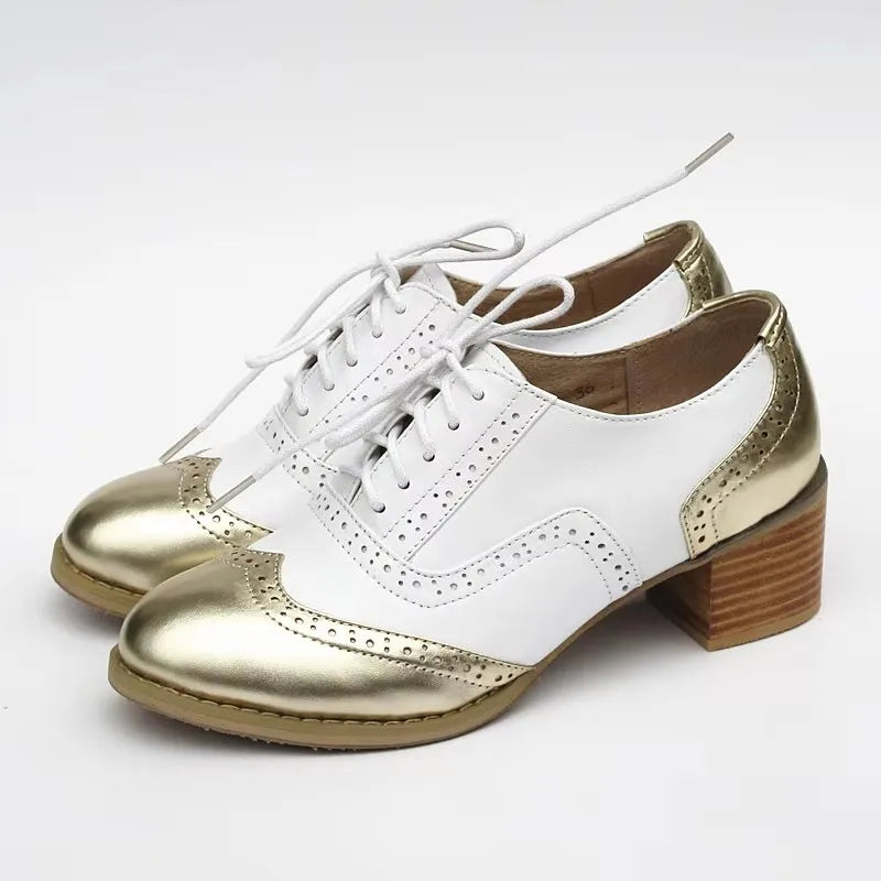Oxford Pumps Shoes Women Vintage Calfskin Leather Patchwork 5cm Lady Thick Heels Retro Vintage Round Toe Shoes For Women Shoes