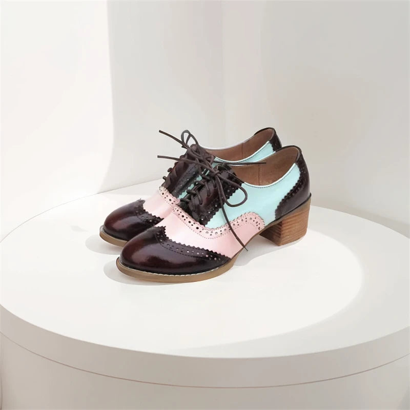 Oxford Pumps Shoes Women Vintage Calfskin Leather Patchwork 5cm Lady Thick Heels Retro Vintage Round Toe Shoes For Women Shoes