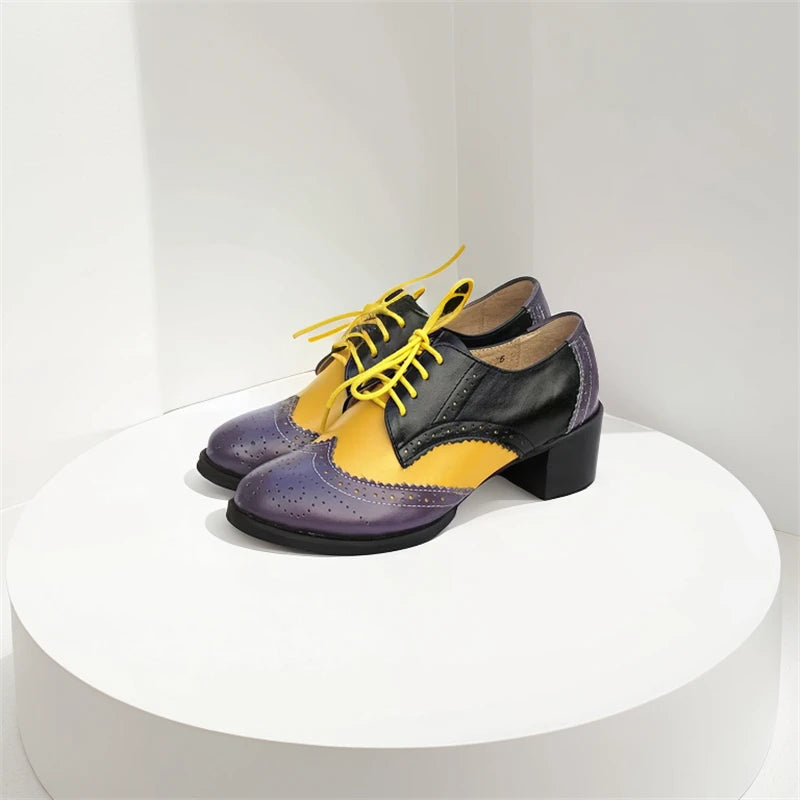 Oxford Pumps Shoes Women Vintage Calfskin Leather Patchwork 5cm Lady Thick Heels Retro Vintage Round Toe Shoes For Women Shoes