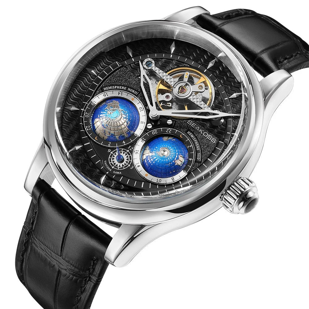  SEAKOSS 47mm Men Automatic Mechanical Watches Double Earth World Time Sapphire Glass 3D Rotate North South Earth Wristwatches