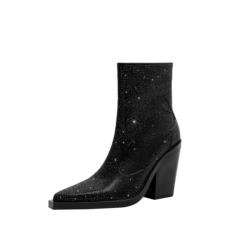 Kaky's New Pointed Rhinestone Thick High Heels Large Women's Boots Short Boots Western Boots