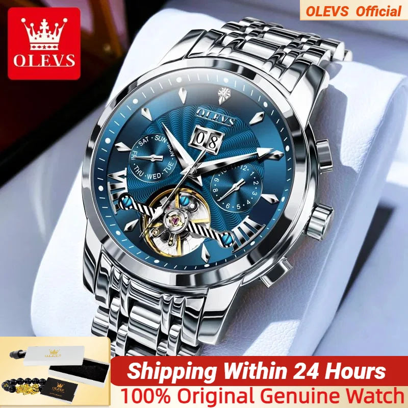 OLEVS Luxury Brand Automatic Mechanical Watch for Men Multifunctional Date Luminous Waterproof Stainless steel Skeleton Flywheel