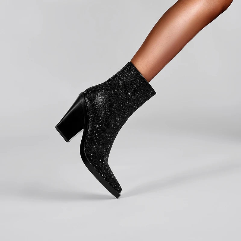 Kaky's New Pointed Rhinestone Thick High Heels Large Women's Boots Short Boots Western Boots
