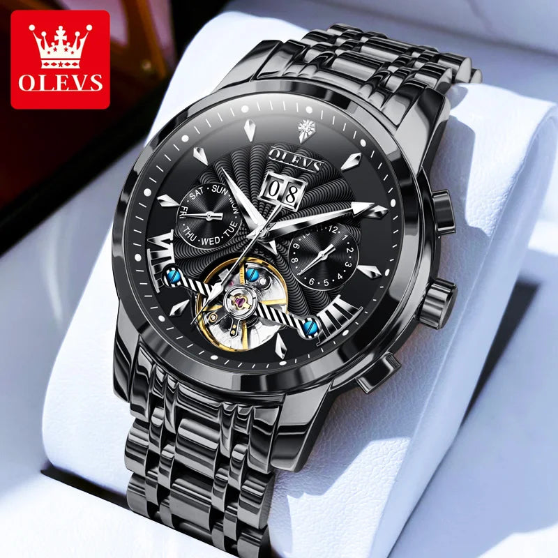 OLEVS Luxury Brand Automatic Mechanical Watch for Men Multifunctional Date Luminous Waterproof Stainless steel Skeleton Flywheel