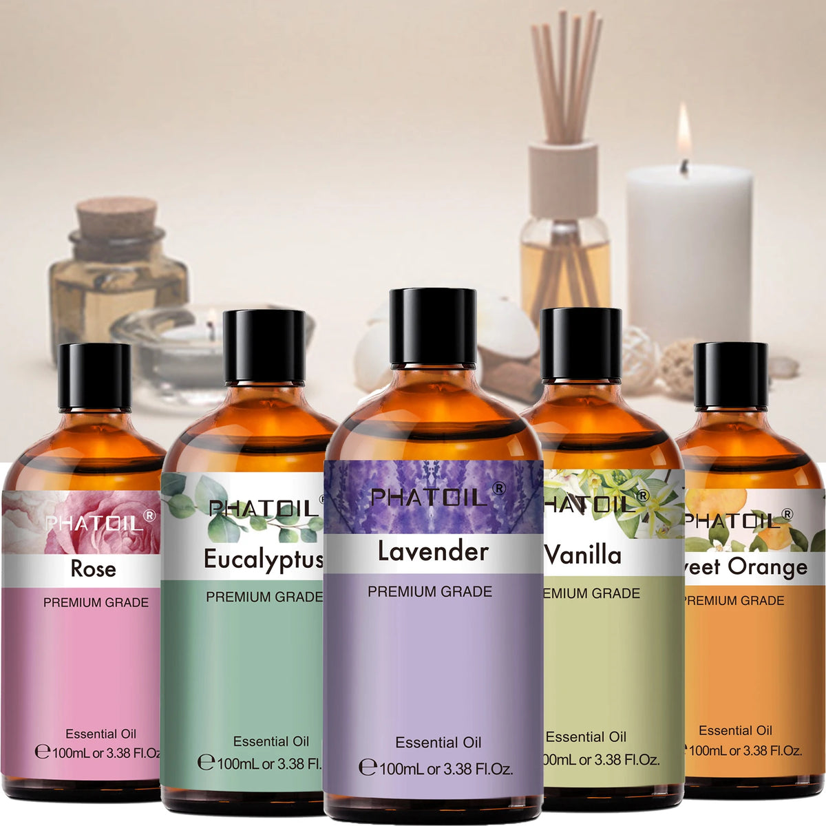PHATOIL 100ml Pure Natural Essential Oils For Diffuser Candle Making Lavender Jasmine Vanilla Eucalyptus Aroma Essential Oil