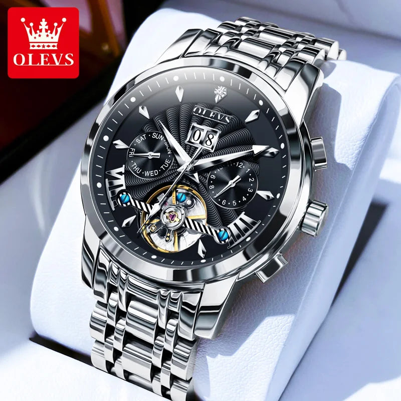 OLEVS Luxury Brand Automatic Mechanical Watch for Men Multifunctional Date Luminous Waterproof Stainless steel Skeleton Flywheel