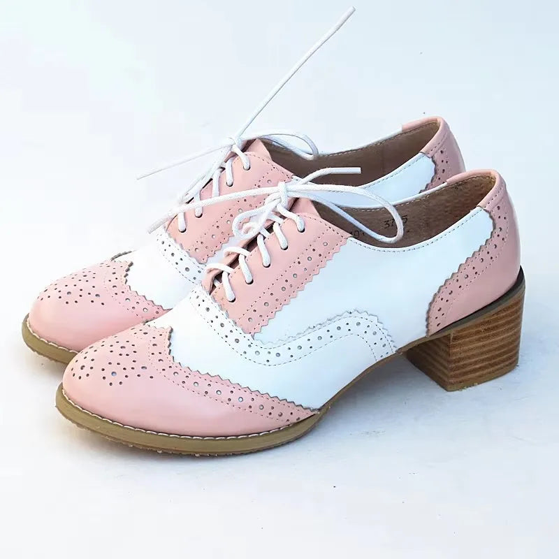 Oxford Pumps Shoes Women Vintage Calfskin Leather Patchwork 5cm Lady Thick Heels Retro Vintage Round Toe Shoes For Women Shoes