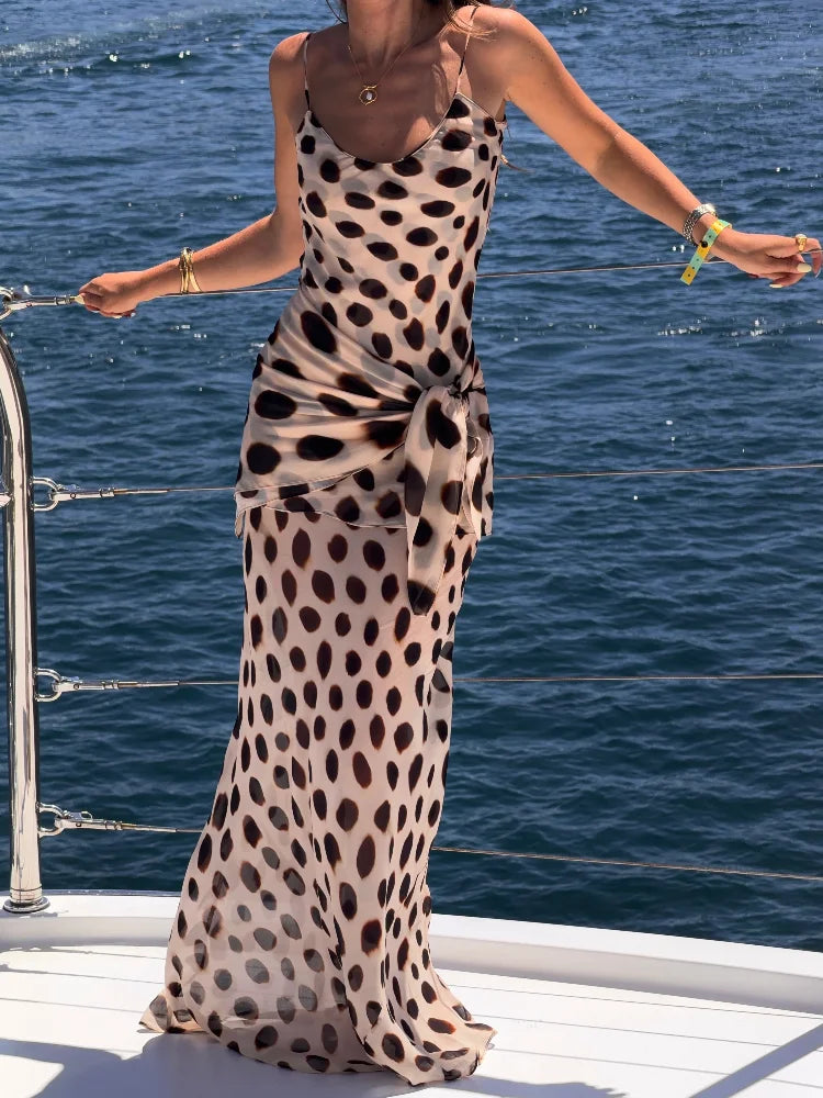 Trendy Slip Dress Animal Print V-neck Ruched Drawstring Sexy Maxi Women Dresses Beach Vacation Stylish Retro Summer Party Outfit