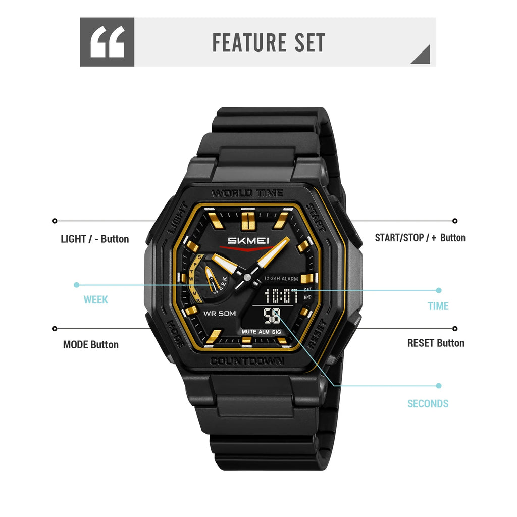 SKMEI 2438 LED Casual Dual Digital Display Quartz Waterproof Mens Wristwatches Calendar Timing Alarm Watch for Men Clock