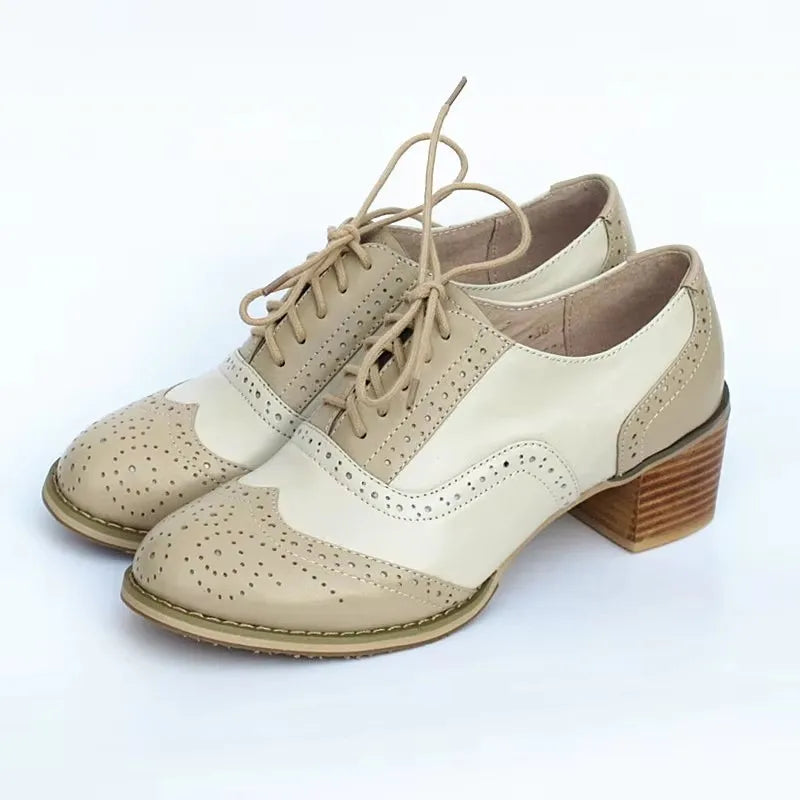 Oxford Pumps Shoes Women Vintage Calfskin Leather Patchwork 5cm Lady Thick Heels Retro Vintage Round Toe Shoes For Women Shoes